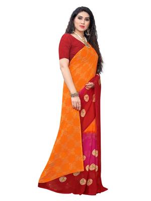 Orange printed chiffon saree with blouse 3