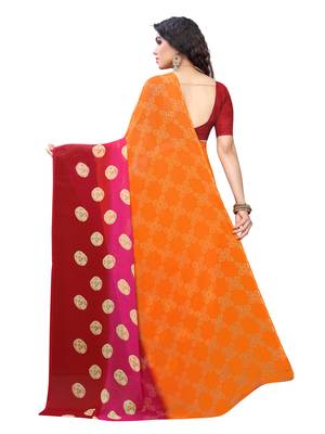 Orange printed chiffon saree with blouse 4