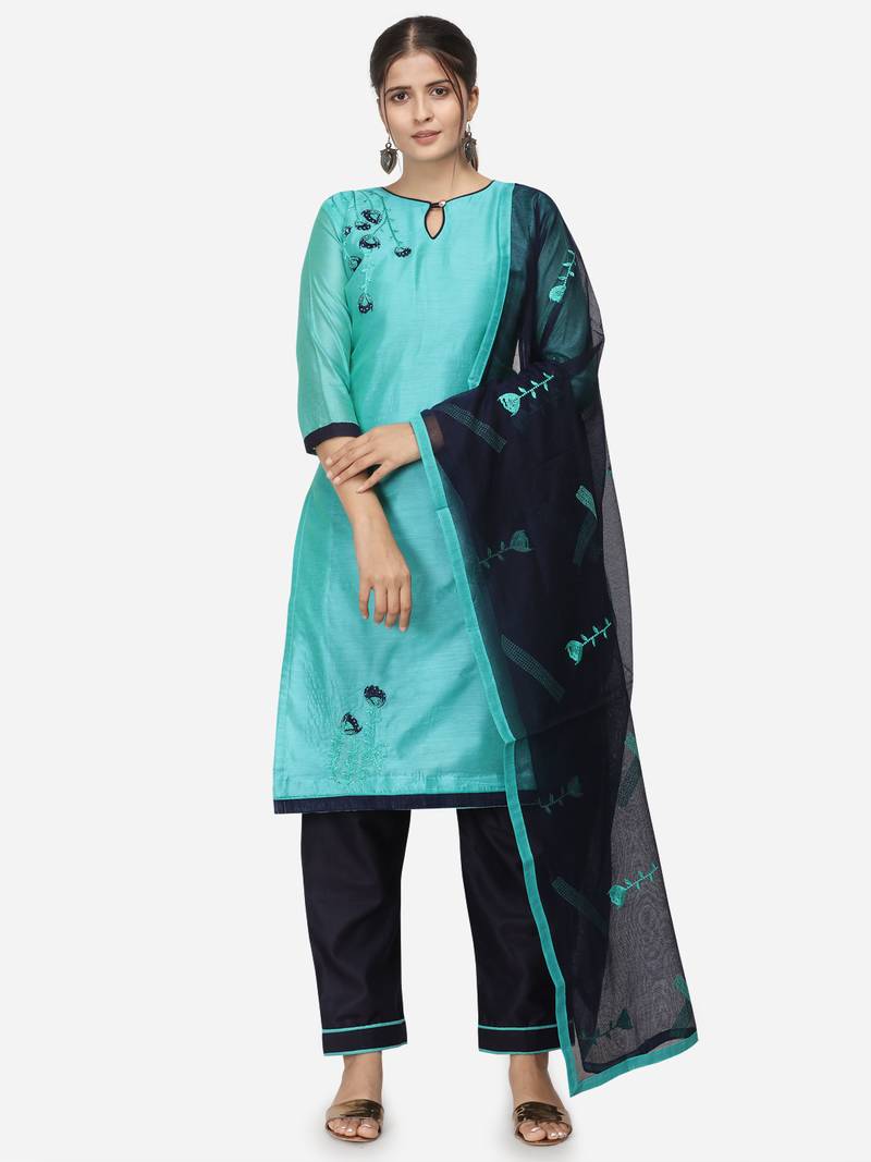 Sky Blue & Navy Blue Unstitched Women's Dress Material