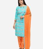 Sky Blue & Orange Unstitched Women's Dress Material