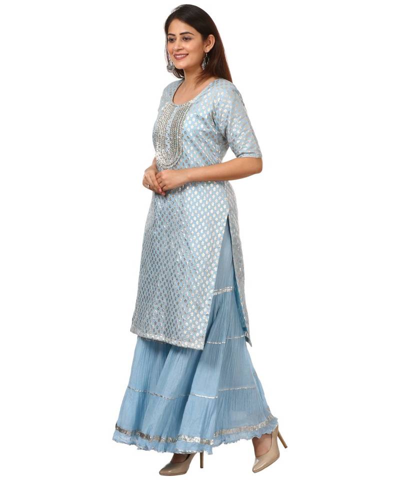 Blush Blue Silver Dot Short Kurti with Crushed Sharara