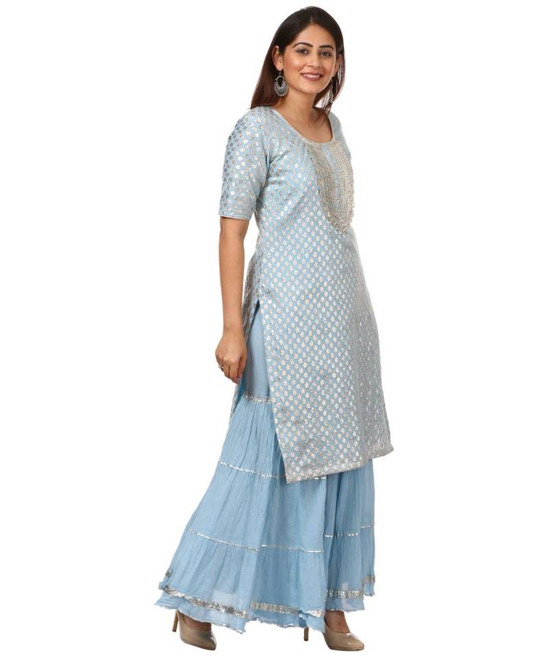 Blush Blue Silver Dot Short Kurti with Crushed Sharara