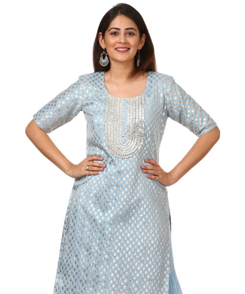 Blush Blue Silver Dot Short Kurti with Crushed Sharara