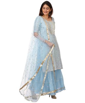 Blush Blue Silver Dot Short Kurti with Crushed Sharara and Dupatta 3