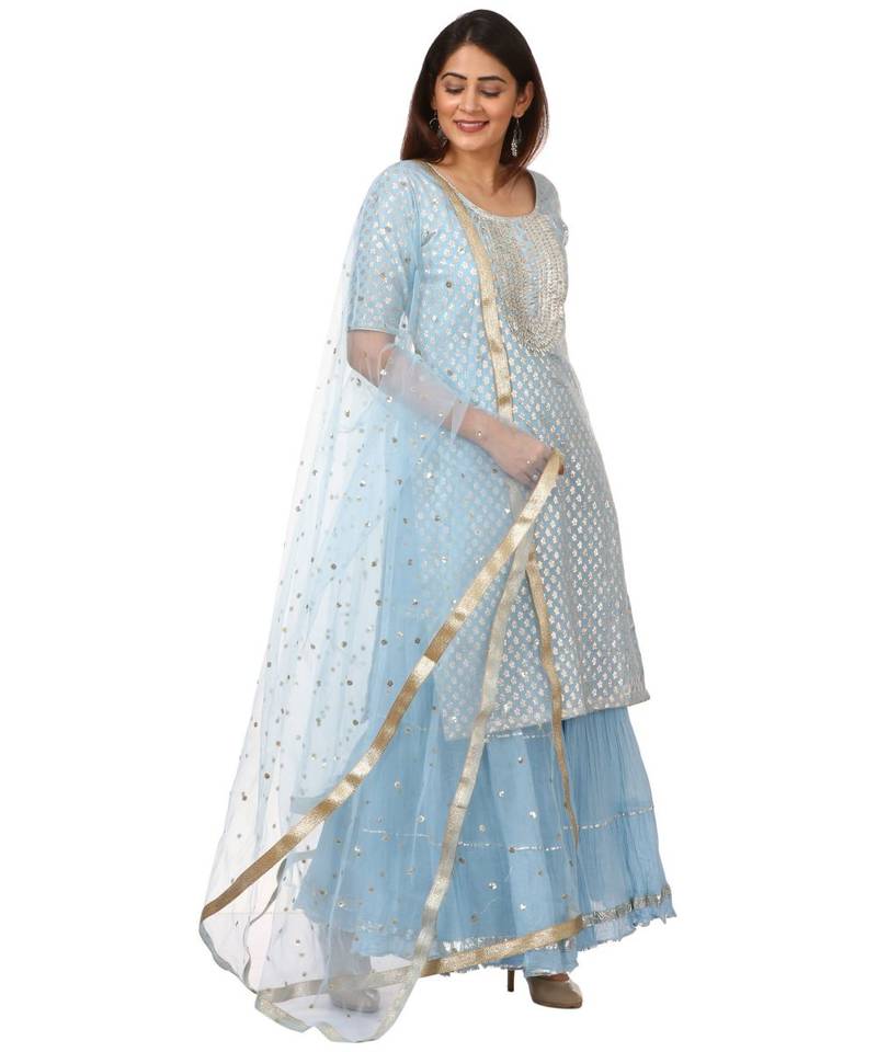 Blush Blue Silver Dot Short Kurti with Crushed Sharara and Dupatta