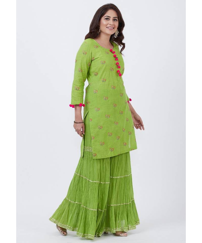 Pista Green Short Kurti with Crushed Sharara