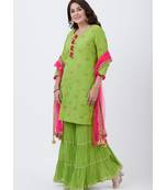 Pista Green Short Kurti with Crushed Sharara and Net Sequenced Dupatta