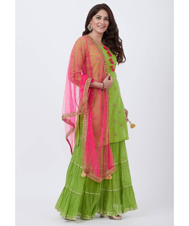 Pista Green Short Kurti with Crushed Sharara and Net Sequenced Dupatta