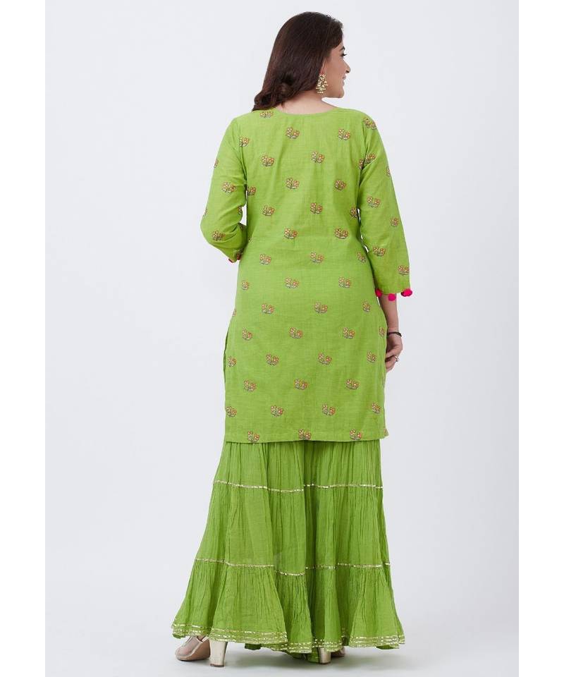 Pista Green Short Kurti with Crushed Sharara and Net Sequenced Dupatta