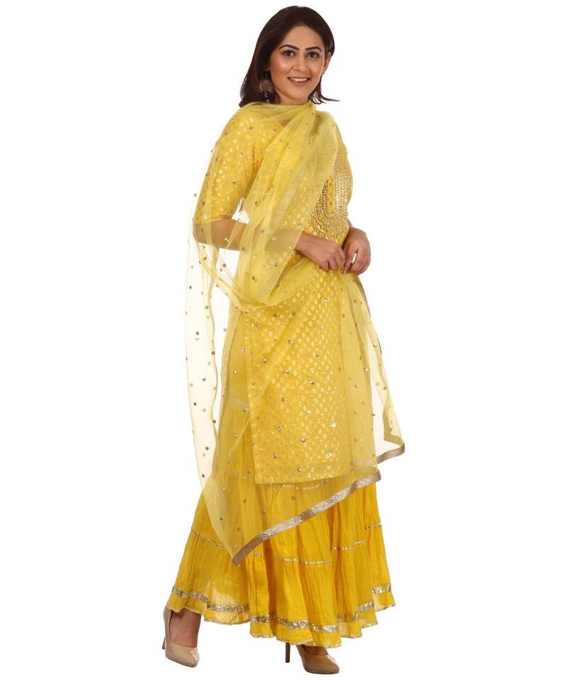 Lemony Lemon Gotta Short Kurti with Gathered Sharara and Sequenced Net Dupatta