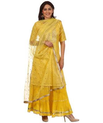 Lemony Lemon Gotta Short Kurti with Gathered Sharara and Sequenced Net Dupatta 1