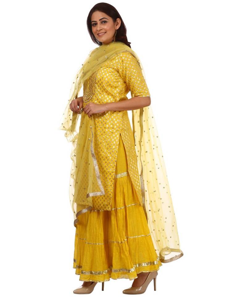 Lemony Lemon Gotta Short Kurti with Gathered Sharara and Sequenced Net Dupatta