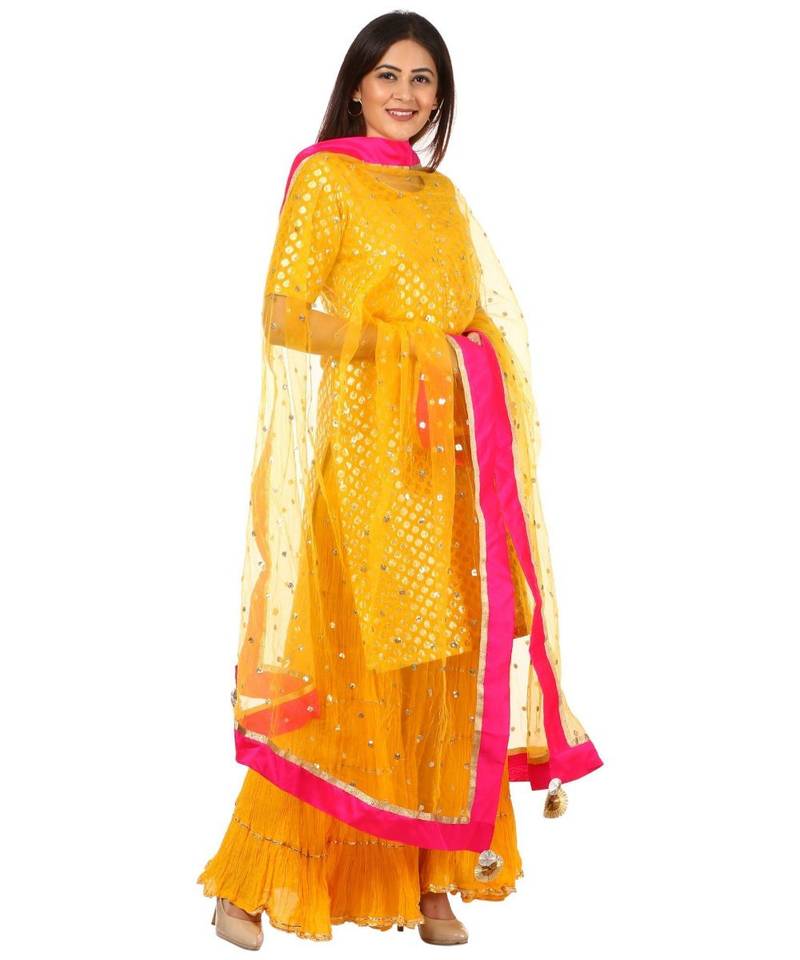 Yellow Basanti Kurti with Crushed Sharara and Net Sequenced Dupatta