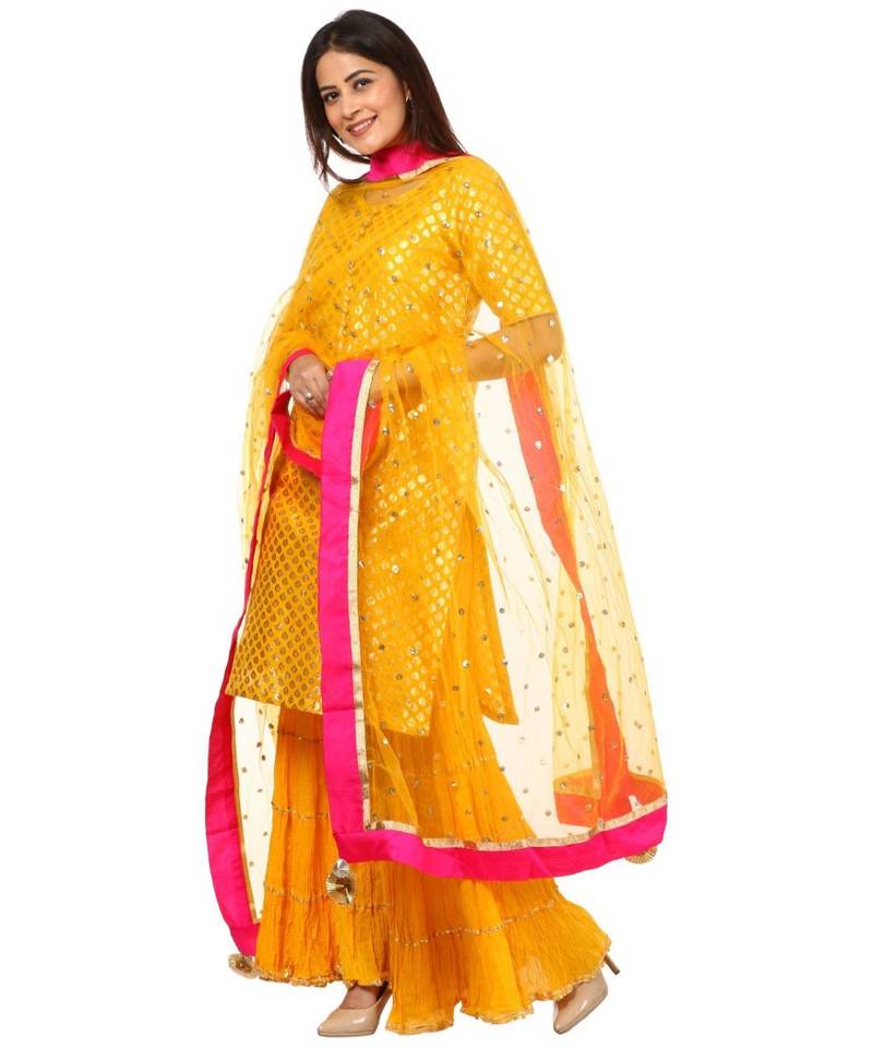 Yellow Basanti Kurti with Crushed Sharara and Net Sequenced Dupatta
