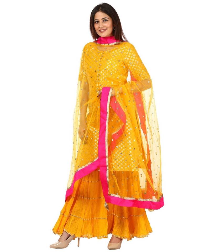 Yellow Basanti Kurti with Crushed Sharara and Net Sequenced Dupatta