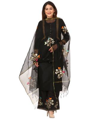 Black Silk Jacket Style Kurti with Embroidered Birds Gotta Palazzo and Birds Dupatta 1