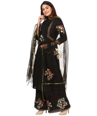 Black Silk Jacket Style Kurti with Embroidered Birds Gotta Palazzo and Birds Dupatta 2