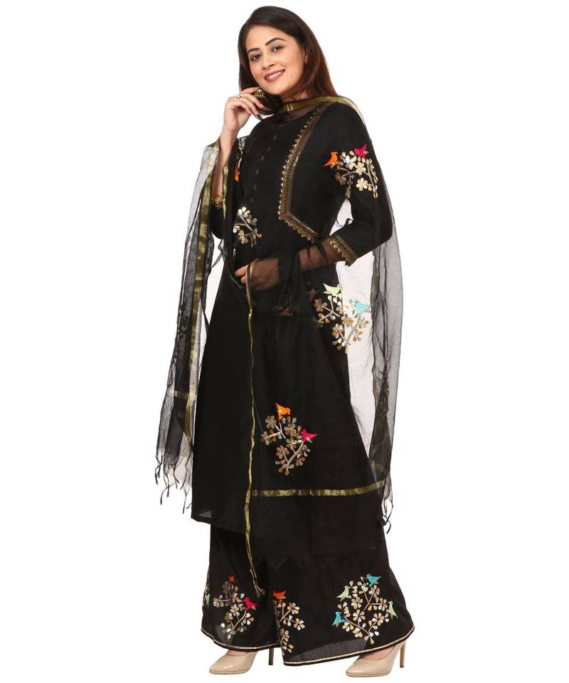 Black Silk Jacket Style Kurti with Embroidered Birds Gotta Palazzo and Birds Dupatta
