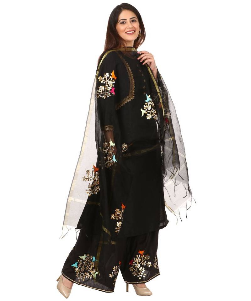 Black Silk Jacket Style Kurti with Embroidered Birds Gotta Palazzo and Birds Dupatta