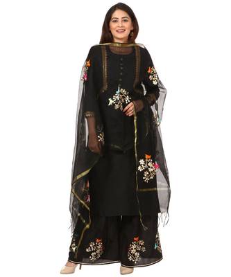 Black Silk Jacket Style Kurti with Embroidered Birds Gotta Palazzo and Birds Dupatta 4