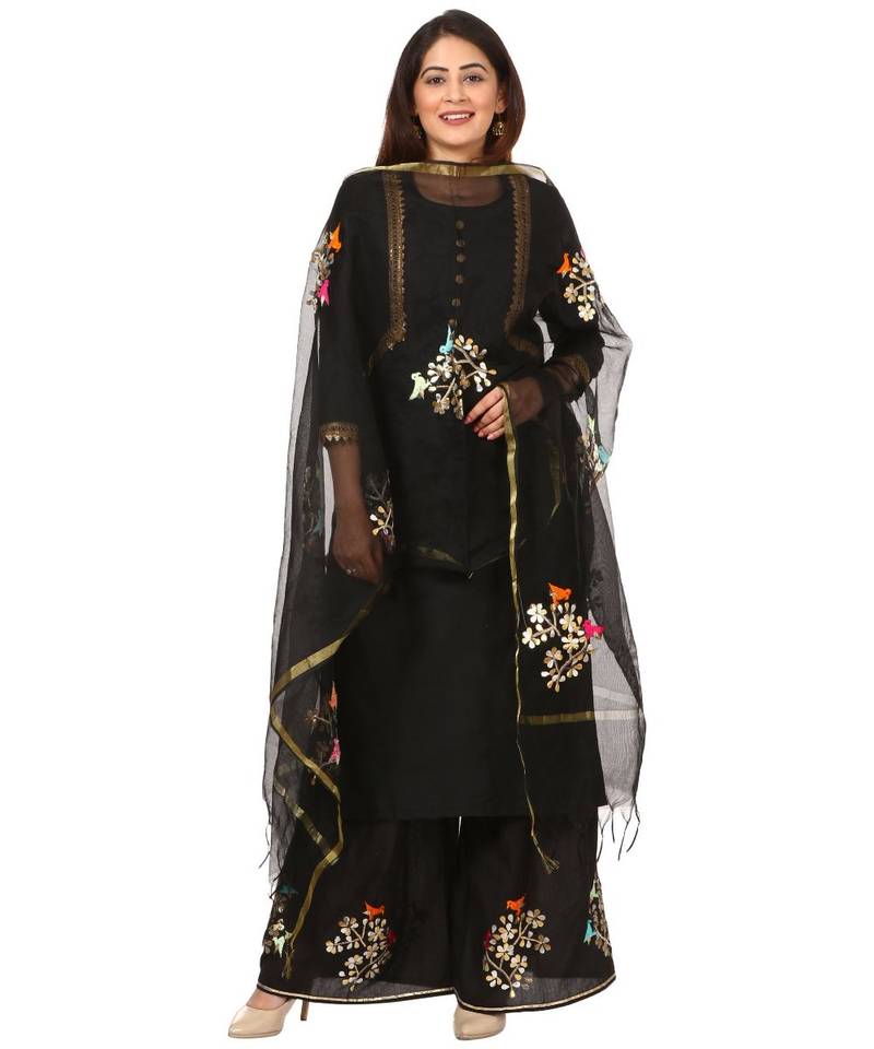 Black Silk Jacket Style Kurti with Embroidered Birds Gotta Palazzo and Birds Dupatta