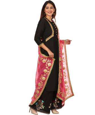 Black Silk Jacket Style Kurti with Embroidered Birds Gotta Palazzo and Pink Gotta Leheriya Dupatta 1