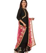 Black Silk Jacket Style Kurti with Embroidered Birds Gotta Palazzo and Pink Gotta Leheriya Dupatta