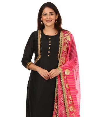 Black Silk Jacket Style Kurti with Embroidered Birds Gotta Palazzo and Pink Gotta Leheriya Dupatta 2