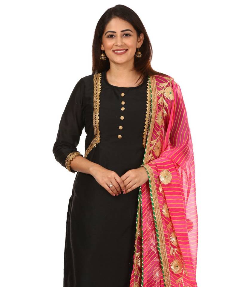 Black Silk Jacket Style Kurti with Embroidered Birds Gotta Palazzo and Pink Gotta Leheriya Dupatta