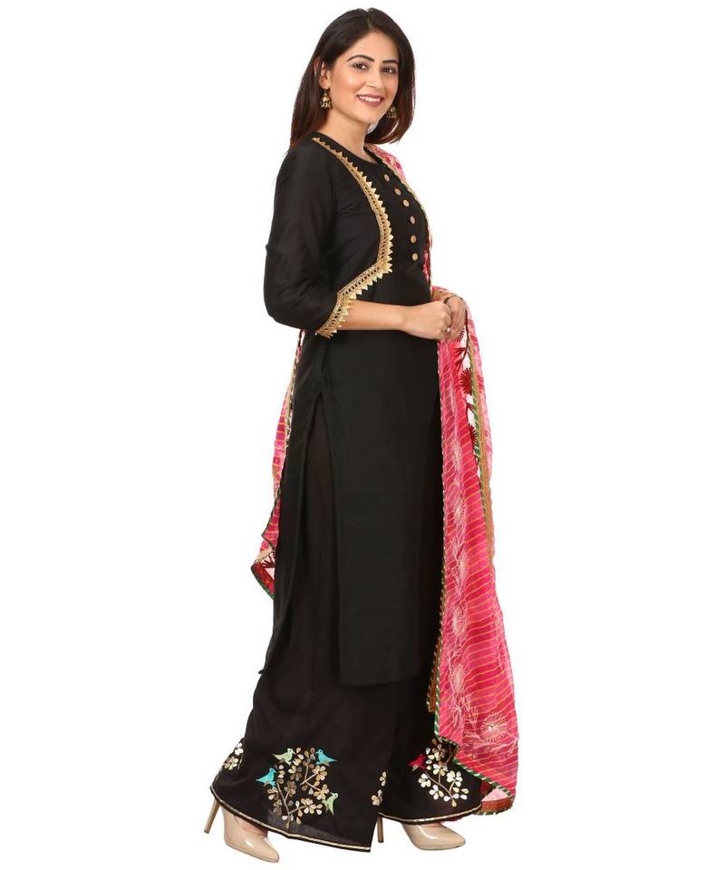 Black Silk Jacket Style Kurti with Embroidered Birds Gotta Palazzo and Pink Gotta Leheriya Dupatta