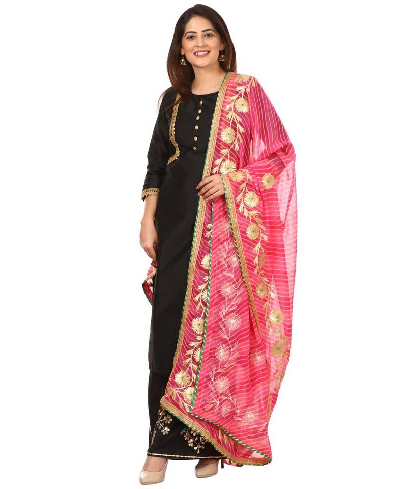 Black Silk Jacket Style Kurti with Embroidered Birds Gotta Palazzo and Pink Gotta Leheriya Dupatta