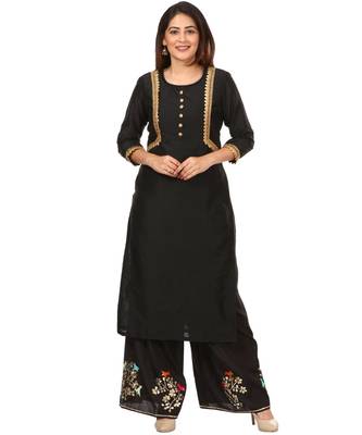 Black Silk Jacket Style Kurti with Embroidered Birds Gotta Palazzo 1