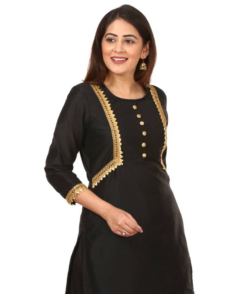 Black Silk Jacket Style Kurti with Embroidered Birds Gotta Palazzo