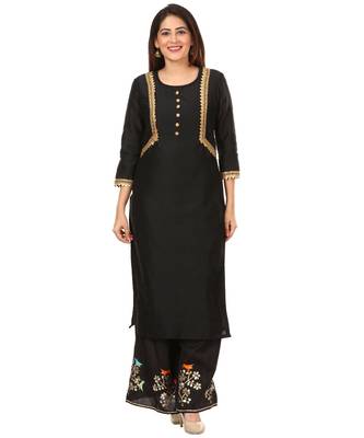 Black Silk Jacket Style Kurti with Embroidered Birds Gotta Palazzo 3