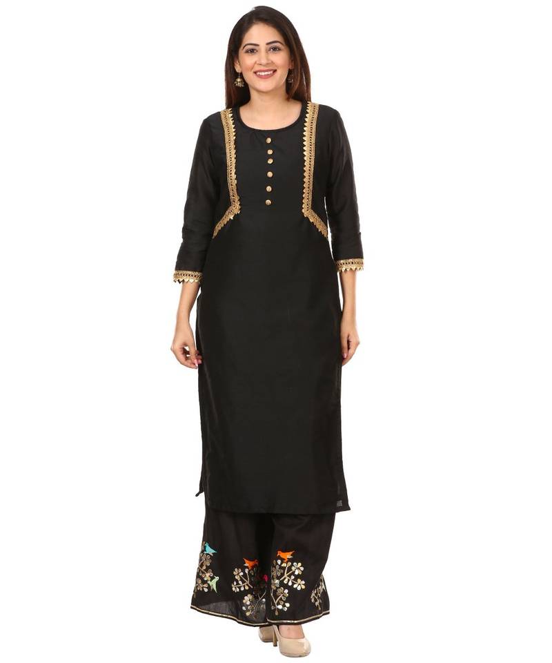 Black Silk Jacket Style Kurti with Embroidered Birds Gotta Palazzo