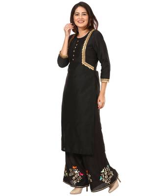 Black Silk Jacket Style Kurti with Embroidered Birds Gotta Palazzo 4