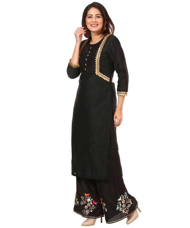 Black Silk Jacket Style Kurti with Embroidered Birds Gotta Palazzo