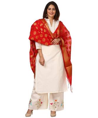 OffWhite Shine Kurti with Embroidered Birds Gotta Palazzo and Red Banarsi Dupatta 1