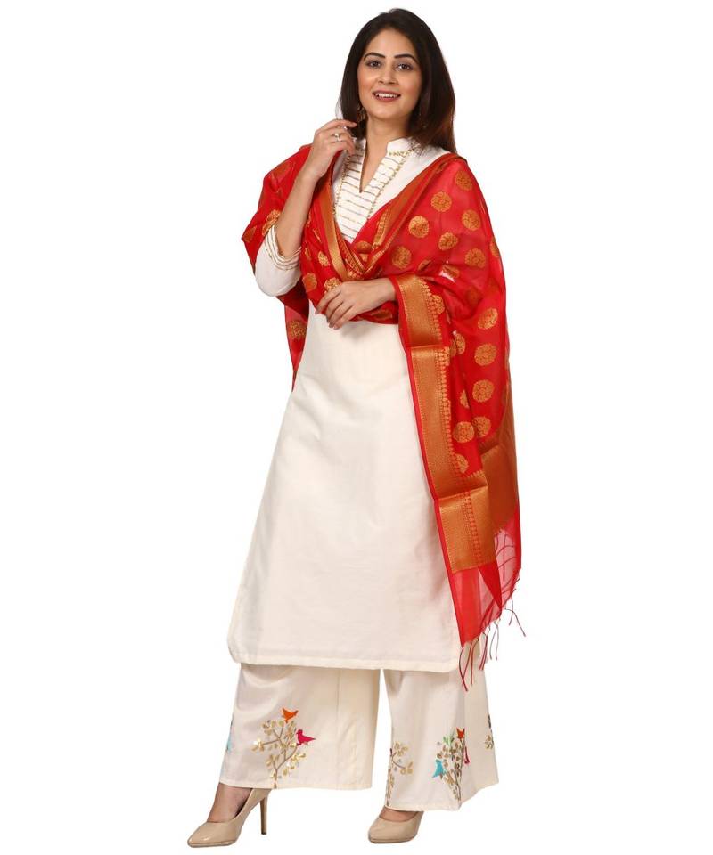 OffWhite Shine Kurti with Embroidered Birds Gotta Palazzo and Red Banarsi Dupatta