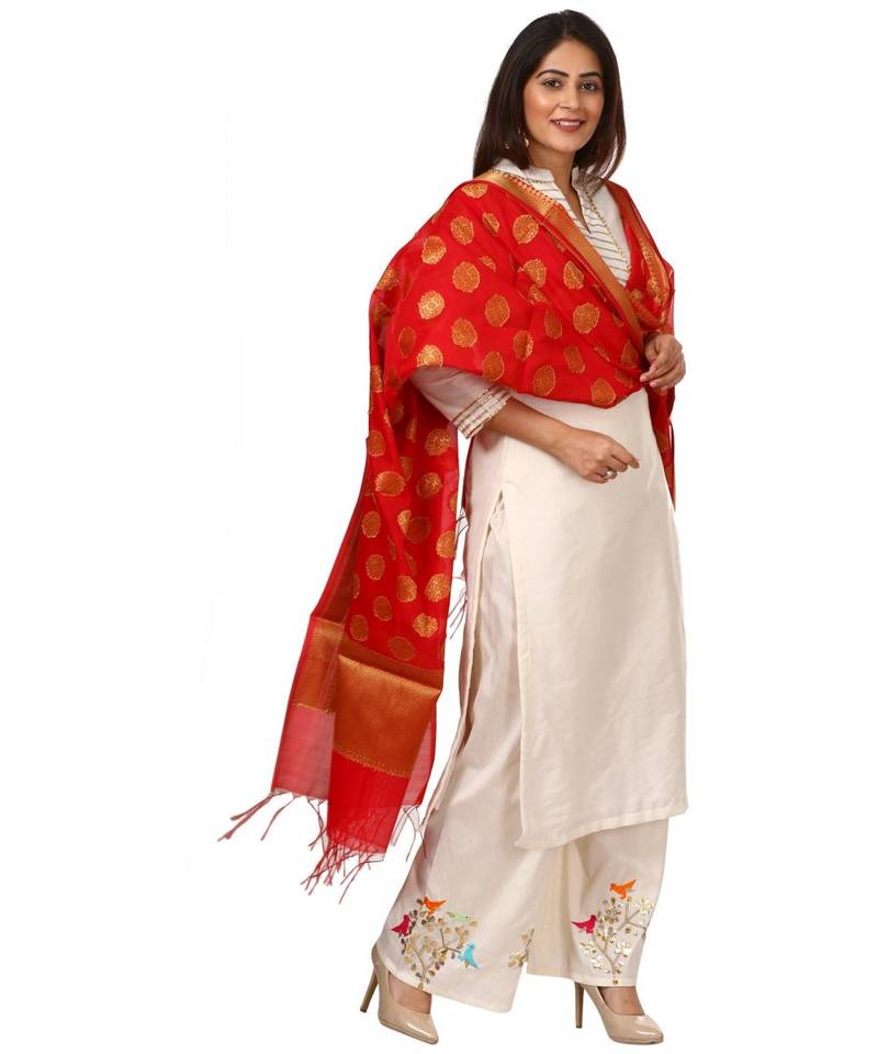 OffWhite Shine Kurti with Embroidered Birds Gotta Palazzo and Red Banarsi Dupatta