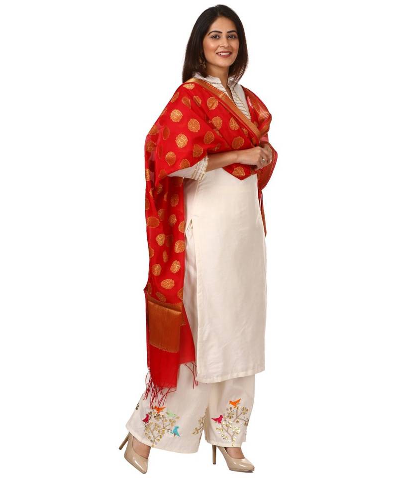OffWhite Shine Kurti with Embroidered Birds Gotta Palazzo and Red Banarsi Dupatta