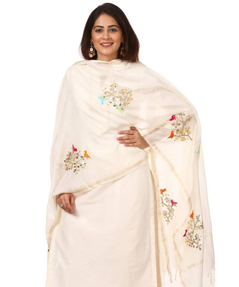 OffWhite Shine Kurti with Embroidered Birds Gotta Palazzo and Embroidered Dupatta