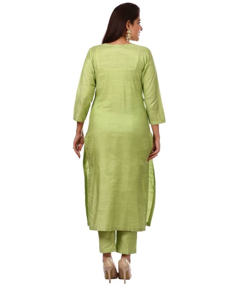 Pista Green Embroidered Kurti and Straight Pants with Pista Green Net Dupatta