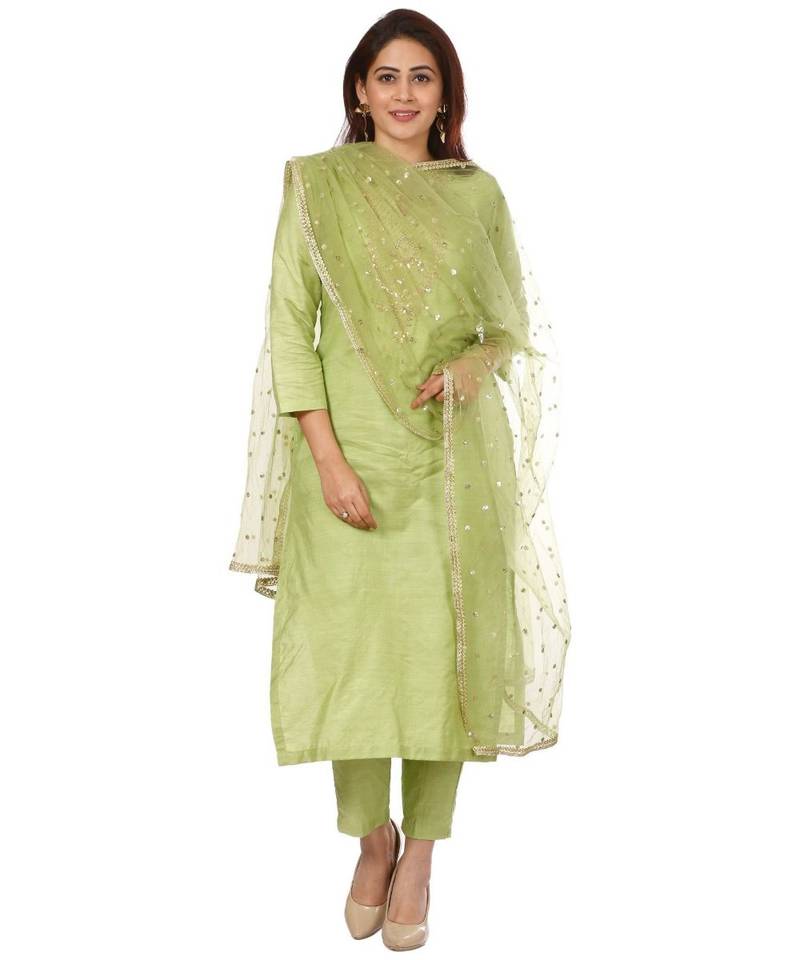 Pista Green Embroidered Kurti and Straight Pants with Pista Green Net Dupatta