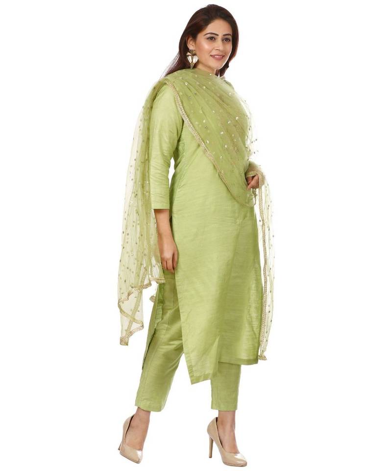 Pista Green Embroidered Kurti and Straight Pants with Pista Green Net Dupatta