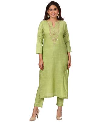 Pista Green Silk Gotta Pearls Embroidered Kurti with Straight Pants 1