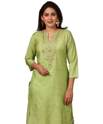 Pista Green Silk Gotta Pearls Embroidered Kurti with Straight Pants 2