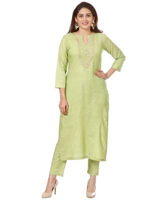 Pista Green Silk Gotta Pearls Embroidered Kurti with Straight Pants 3