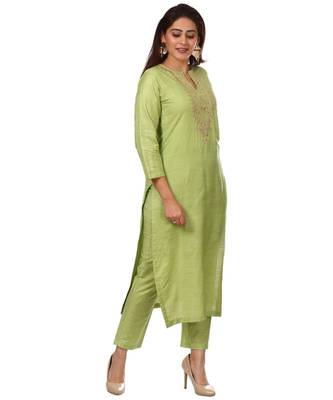 Pista Green Silk Gotta Pearls Embroidered Kurti with Straight Pants 4