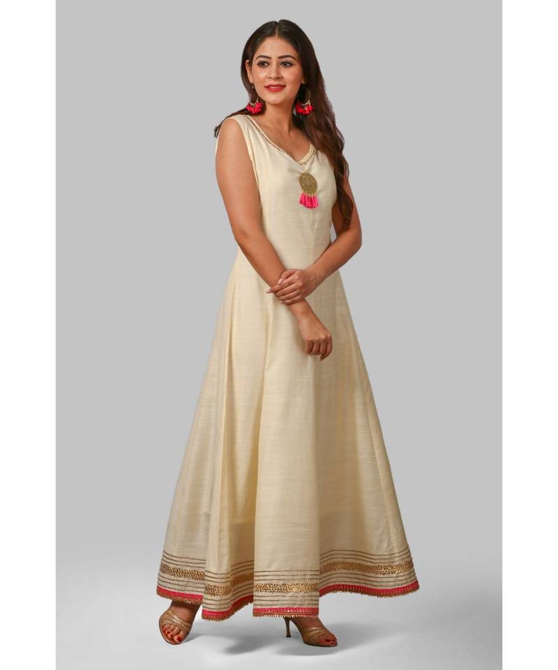 Off-White Silk Gotta Floor Length Kurti